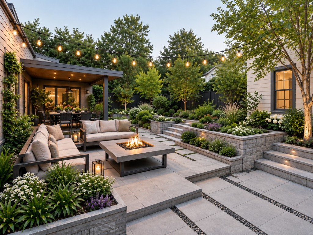 A professionally designed backyard with a patio, seating, fire table, and layered planting