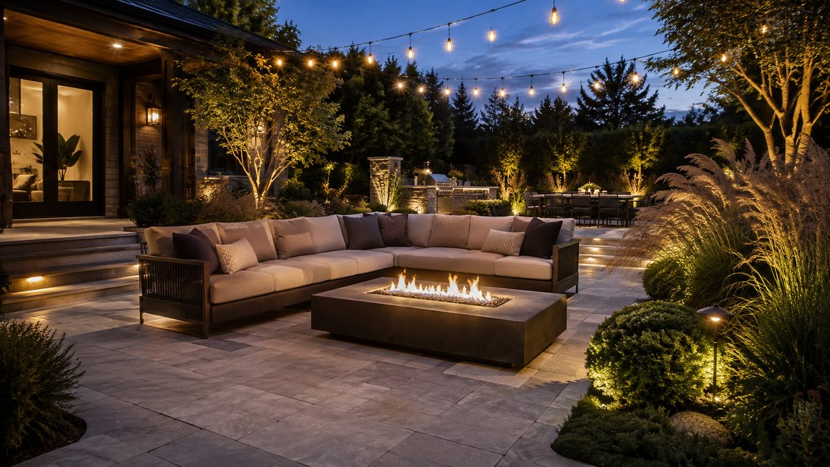 Evening patio with a linear fire pit, sectional sofa, and string lights
