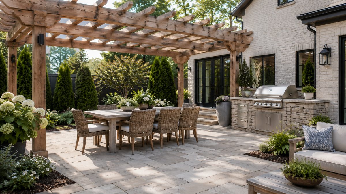 Wooden pergola shading an outdoor dining set beside a built-in grill station