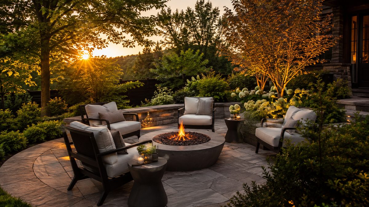Circular stone patio with a round fire pit and lounge chairs at sunset