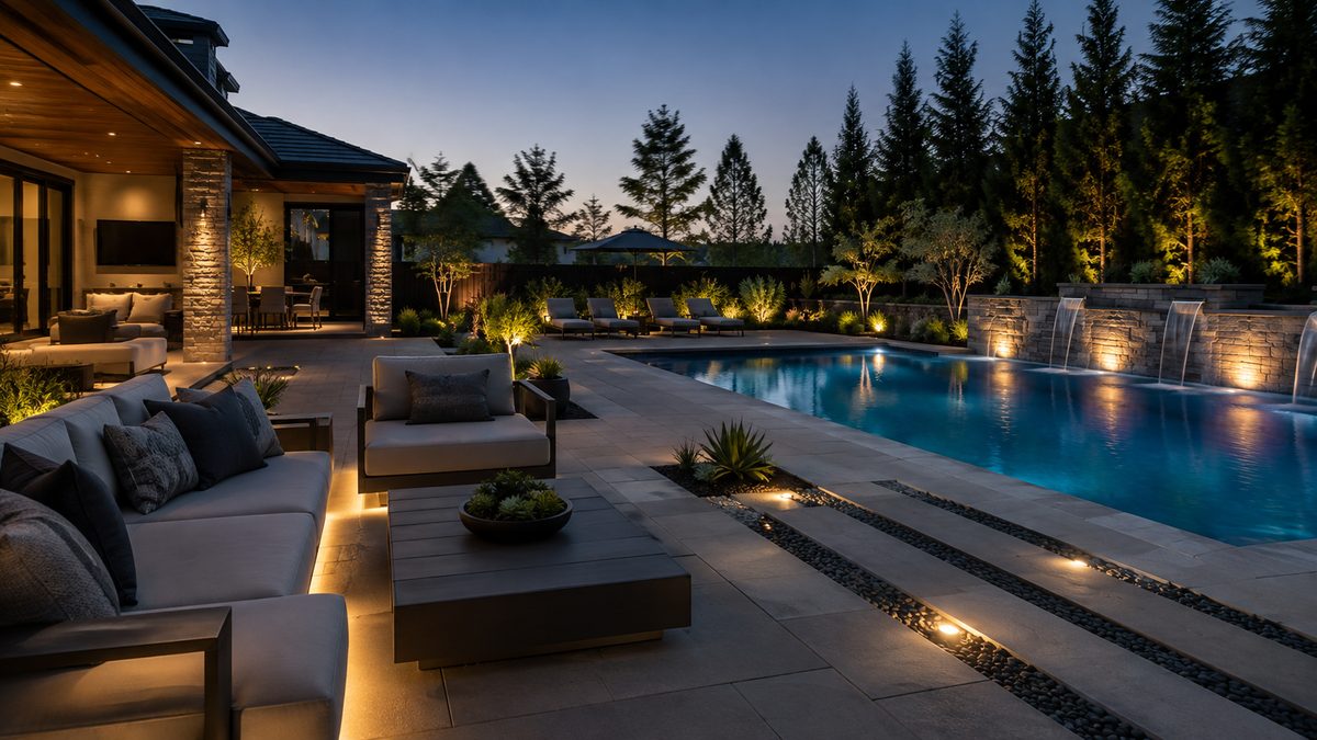 Resort-style swimming pool with waterfall features and an evening lounge terrace