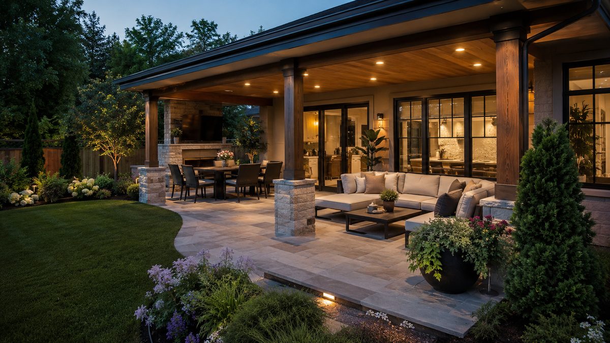 Covered patio with an outdoor living room, dining area, and landscaped garden beds